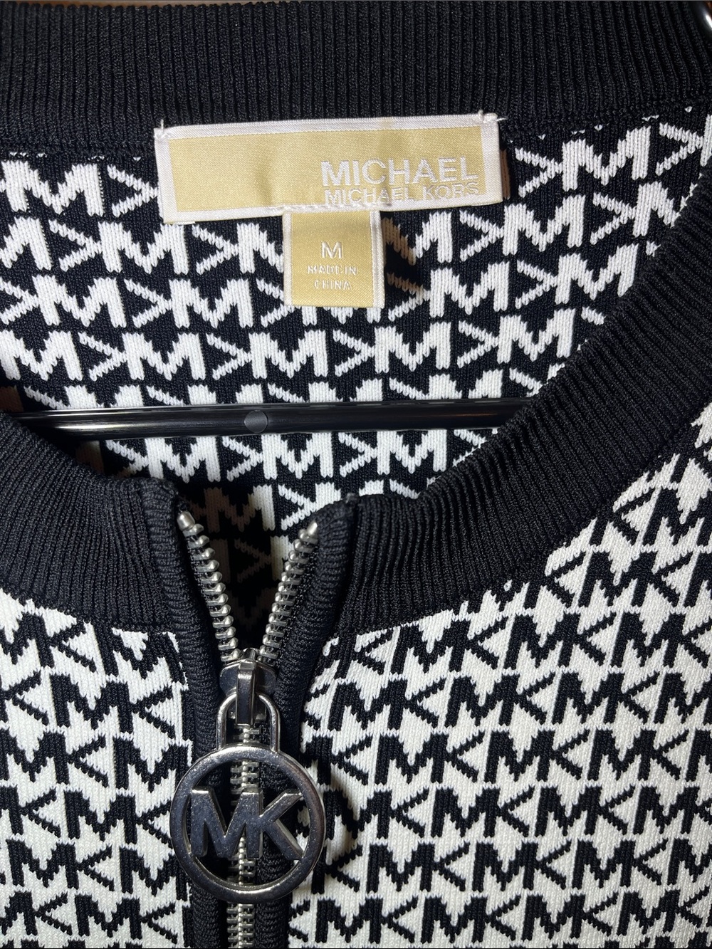 Michael Kors Black & White MK Logo Zip-Front Knit Dress - Picture 2 of 8